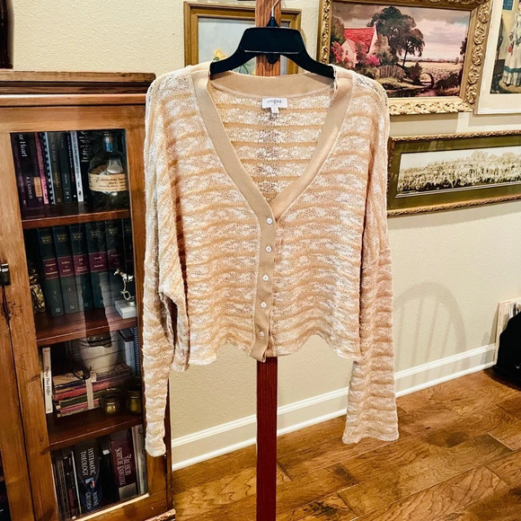 Umgee oversized cropped mohair blend button cardigan sweater SZ L tan white - Picture 2 of 8
